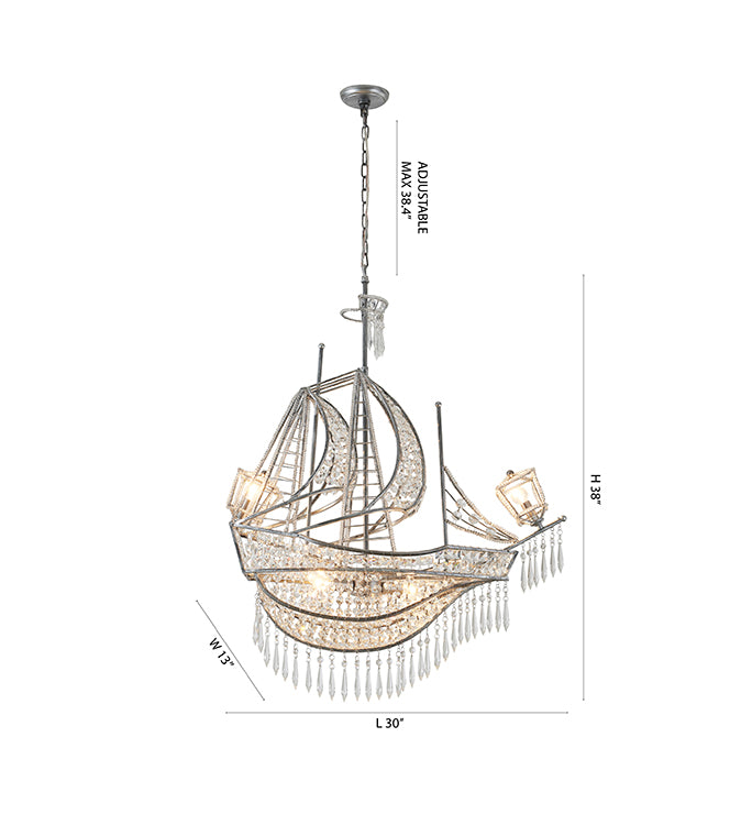 Antique Silver Sail Boat Chandelier With Clear Hanging Crystals