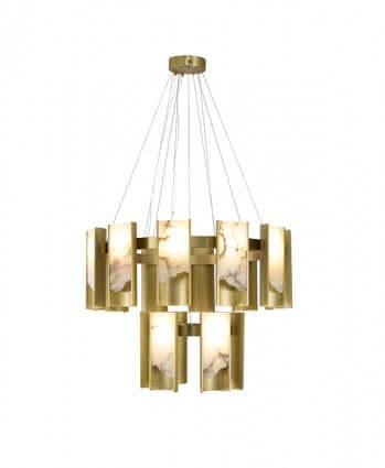 Modern Brass LED Chandelier with Alabaster - Front view