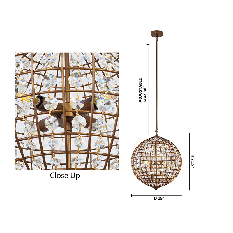 Bronze Sphere Orb Chandelier with Clear Crystals and Gold Hardware
