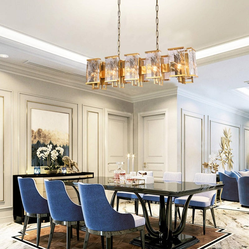 Brass Rectangular Chandelier With Clear Distorted Crystal Plaques