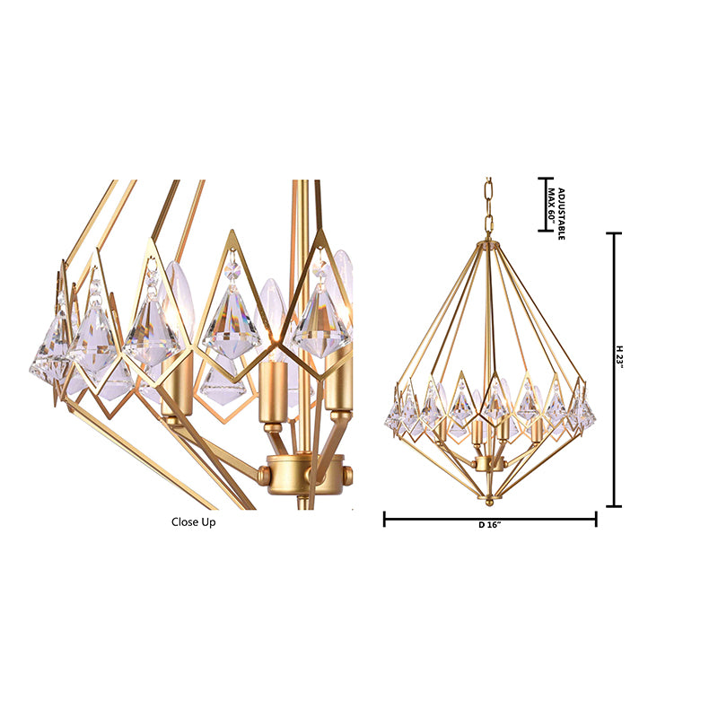 Gold Diamond Shaped Chandelier With Clear Crystal Drops