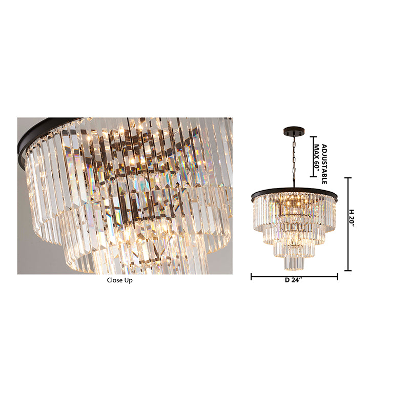 Four Tier Black Chandelier With Clear Hanging Crystals