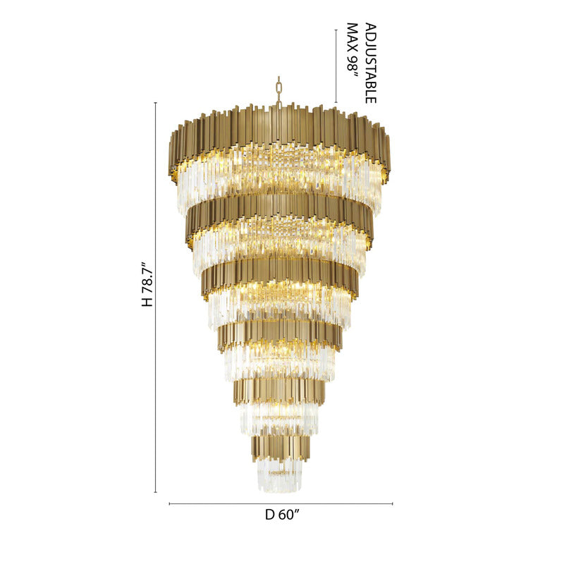Six Tier Brushed Brass Chandelier With Clear Hanging Crystals