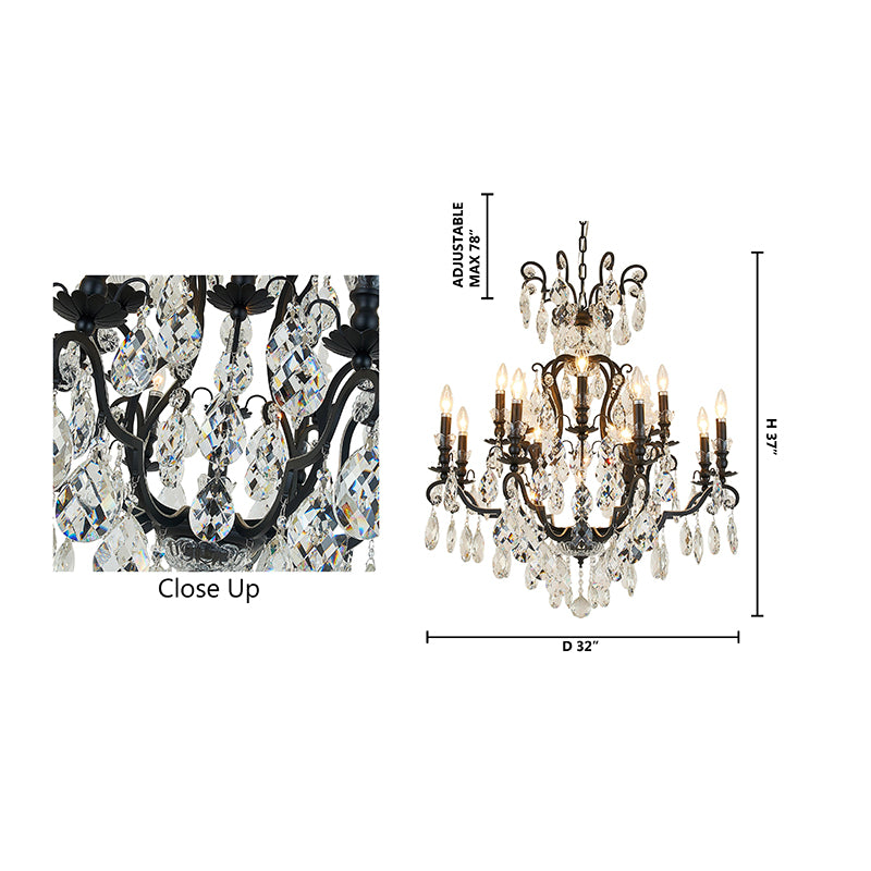 Matte Black Chandelier With Clear Hanging Crystals