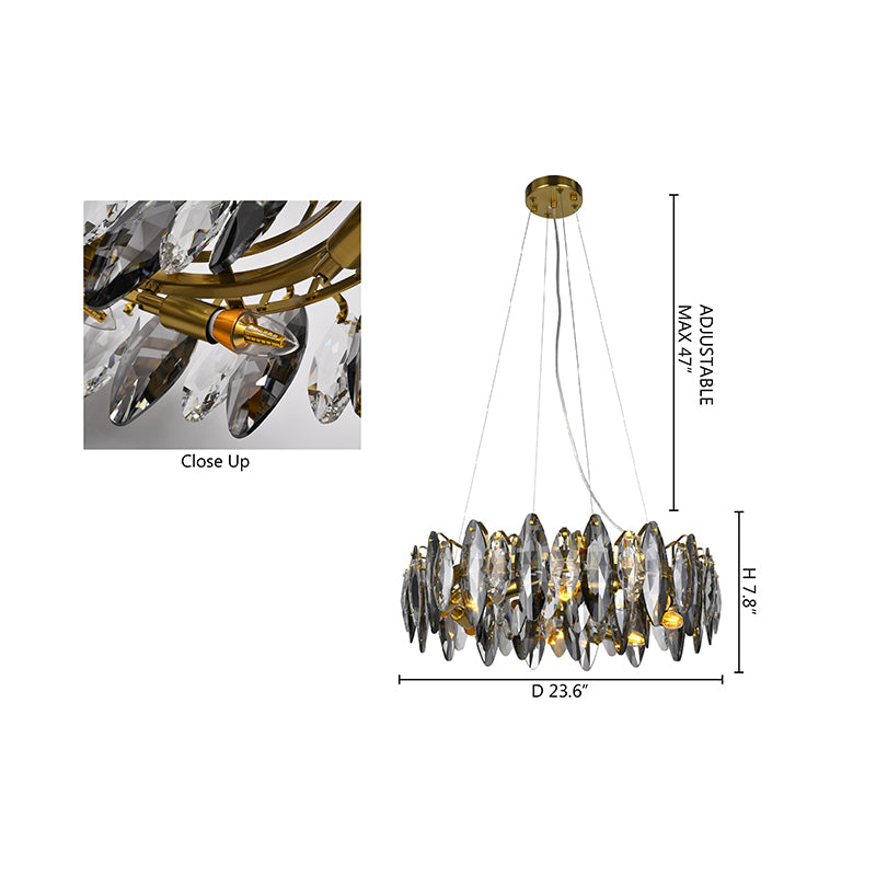 Round Brass Chandelier With Clear & Smoke Crystals