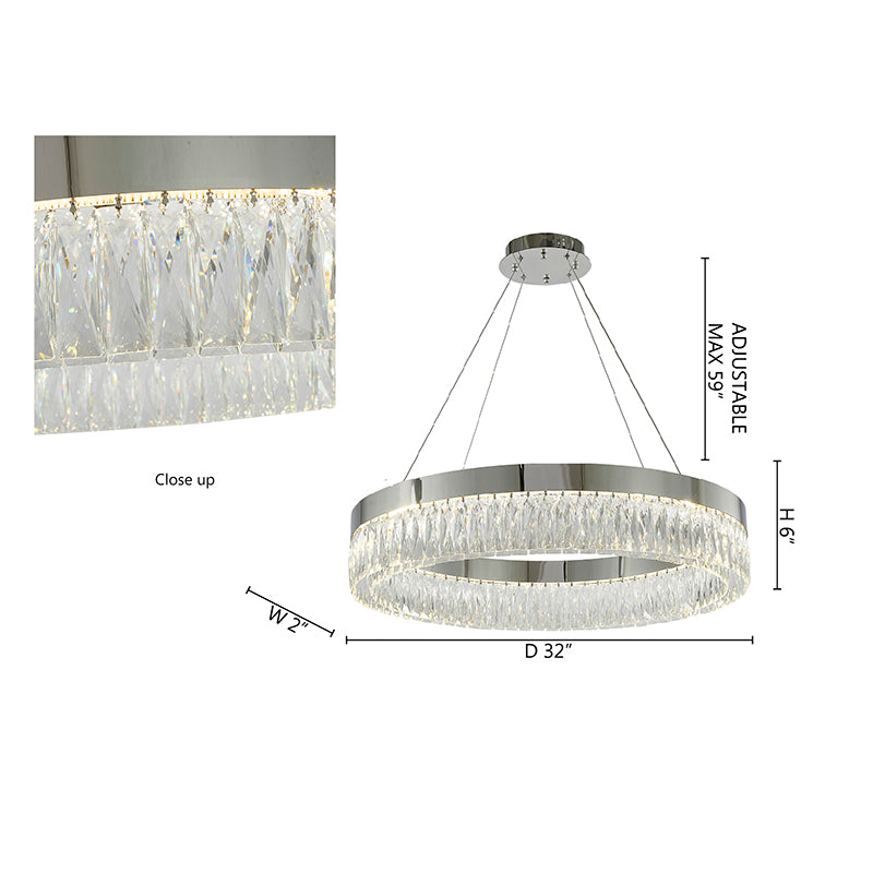Round Chrome LED Chandelier With Clear Hanging Crystals