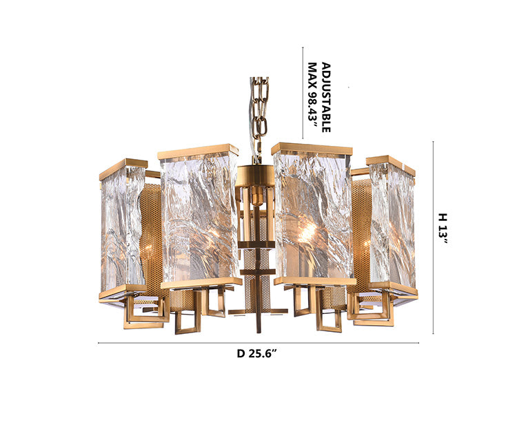 Brass Frame Chandelier WITH Clear Distorted Crystal Plaques