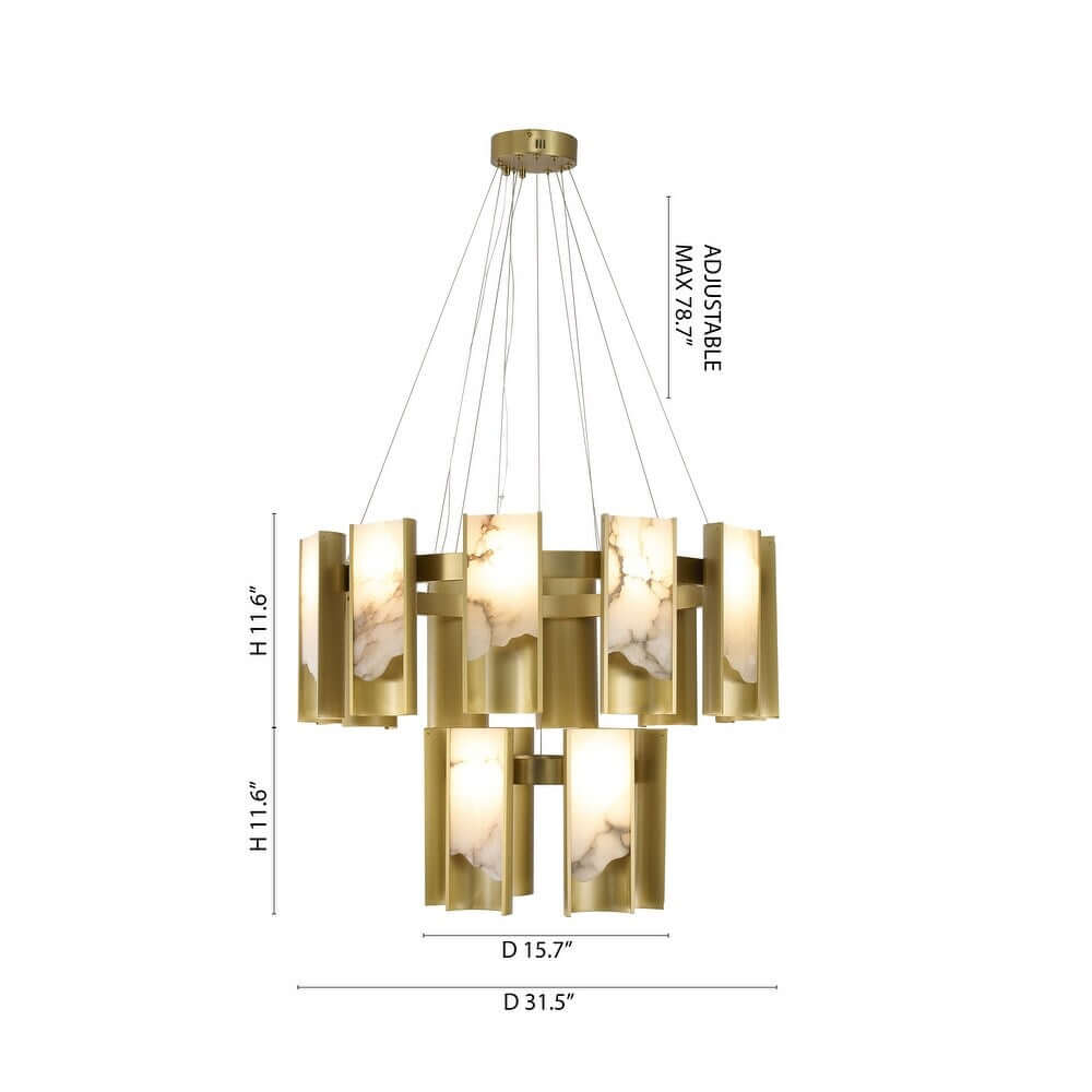 Modern Brass LED Chandelier with Alabaster - Front view