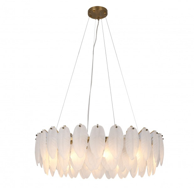 Round Brass Frame Chandelier With Hanging Frosted White Glass Leafs