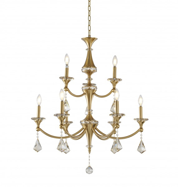 Two-Tier Satin Brass Frame with Champagne Hanging Crystals Accents