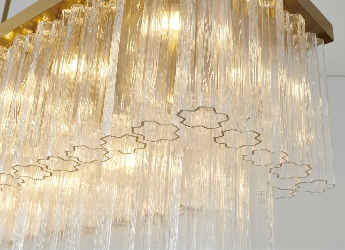 Satin Brass Rectangular Chandelier with Clear Ribbed Glass