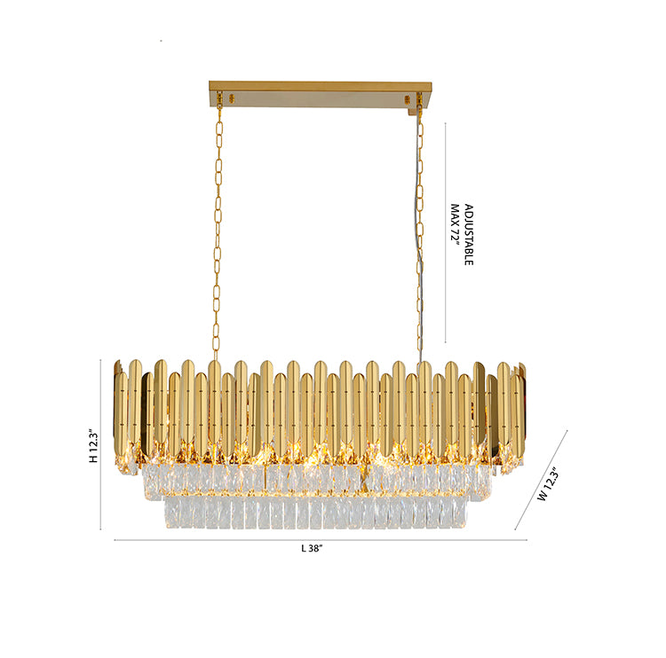 Gold Rectangular Chandelier With Clear Hanging Crystals