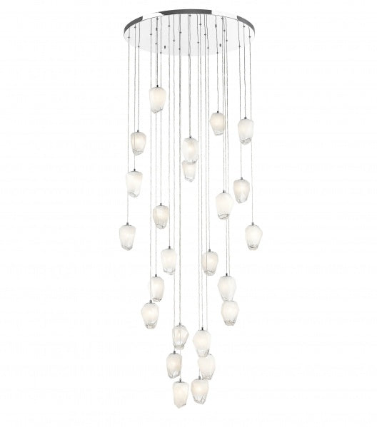 Round Chrome Flushed Chandelier with Hanging White Glass Pendants