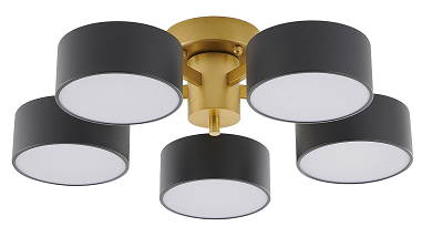 Gold Frame Light Fixture with Black Shades & White Frosted Diffusers