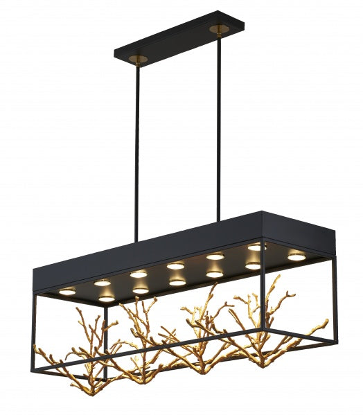 Matte Black Rectangular Frame Chandelier With Gold Branch Accent
