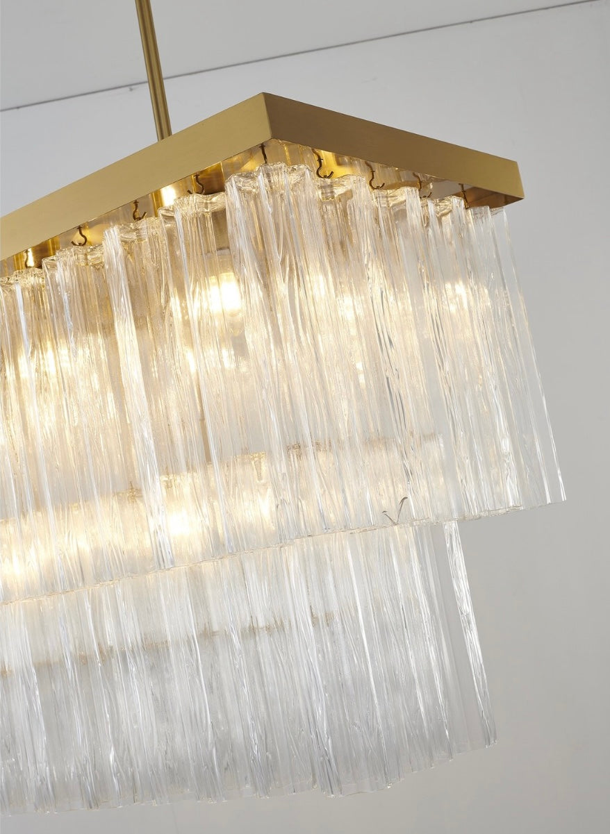 Satin Brass Rectangular Chandelier with Clear Ribbed Glass
