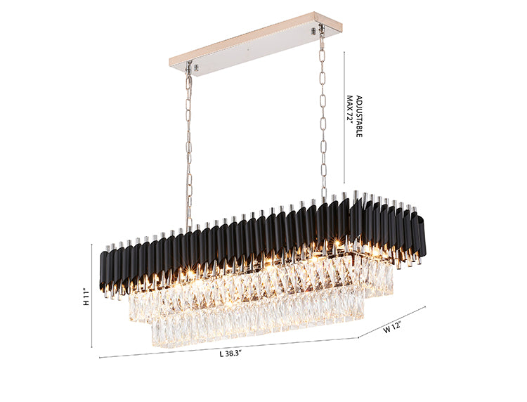 Black & Chrome Rectangular Chandelier With Clear Hanging Crystals