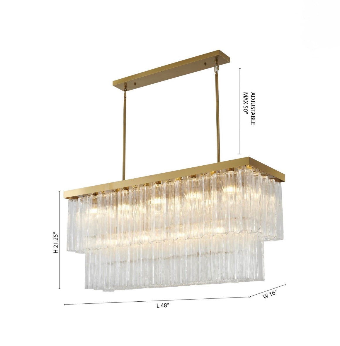 Satin Brass Rectangular Chandelier with Clear Ribbed Glass