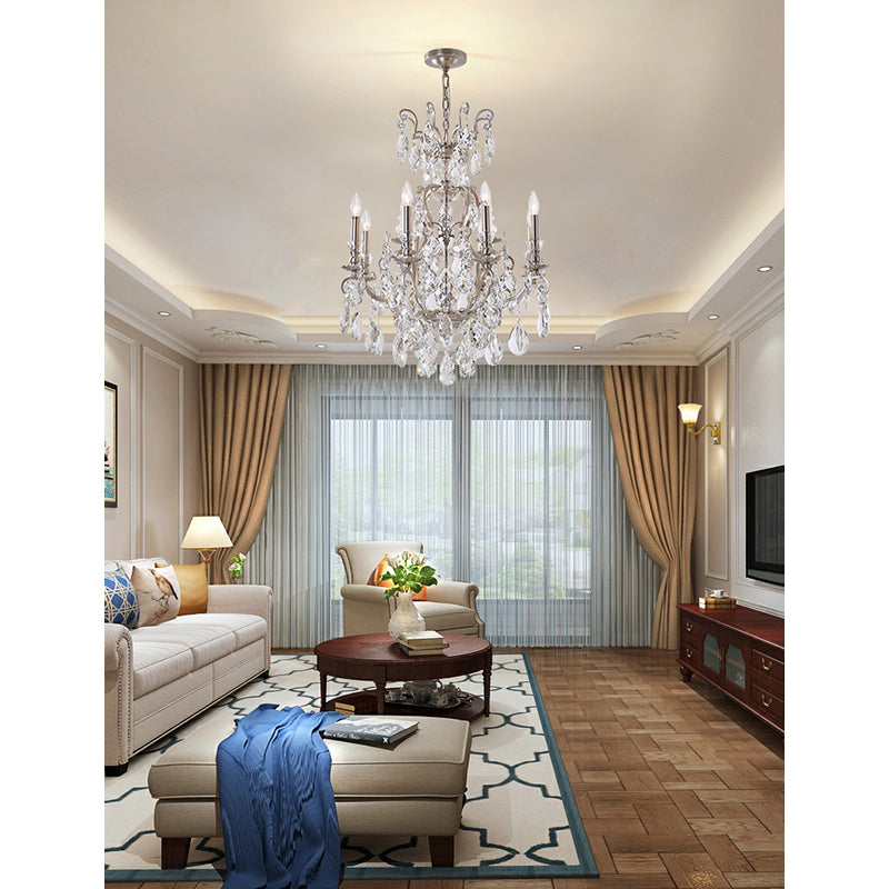 Pewter Iron Frame Chandelier with Clear Hanging Crystals