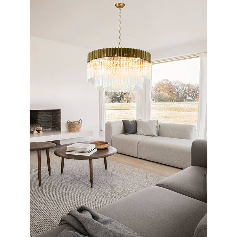 Round Brass Chandelier With Clear Hanging Crystals