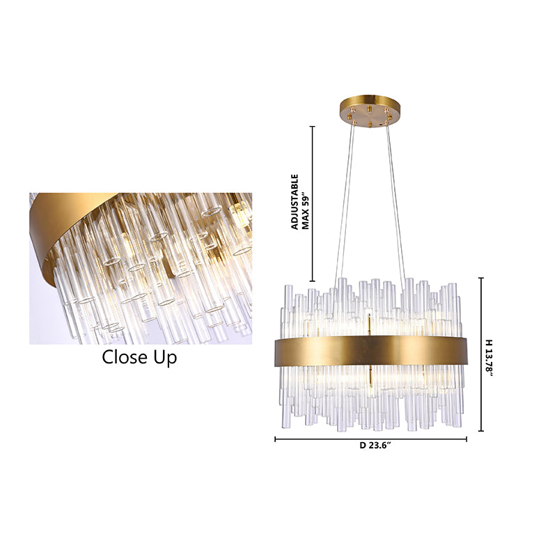 Round Matte Brass Chandelier with Clear Glass Rods