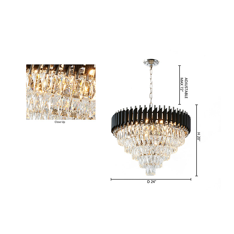 Round Black & Chrome Chandelier With Clear Hanging Crystals