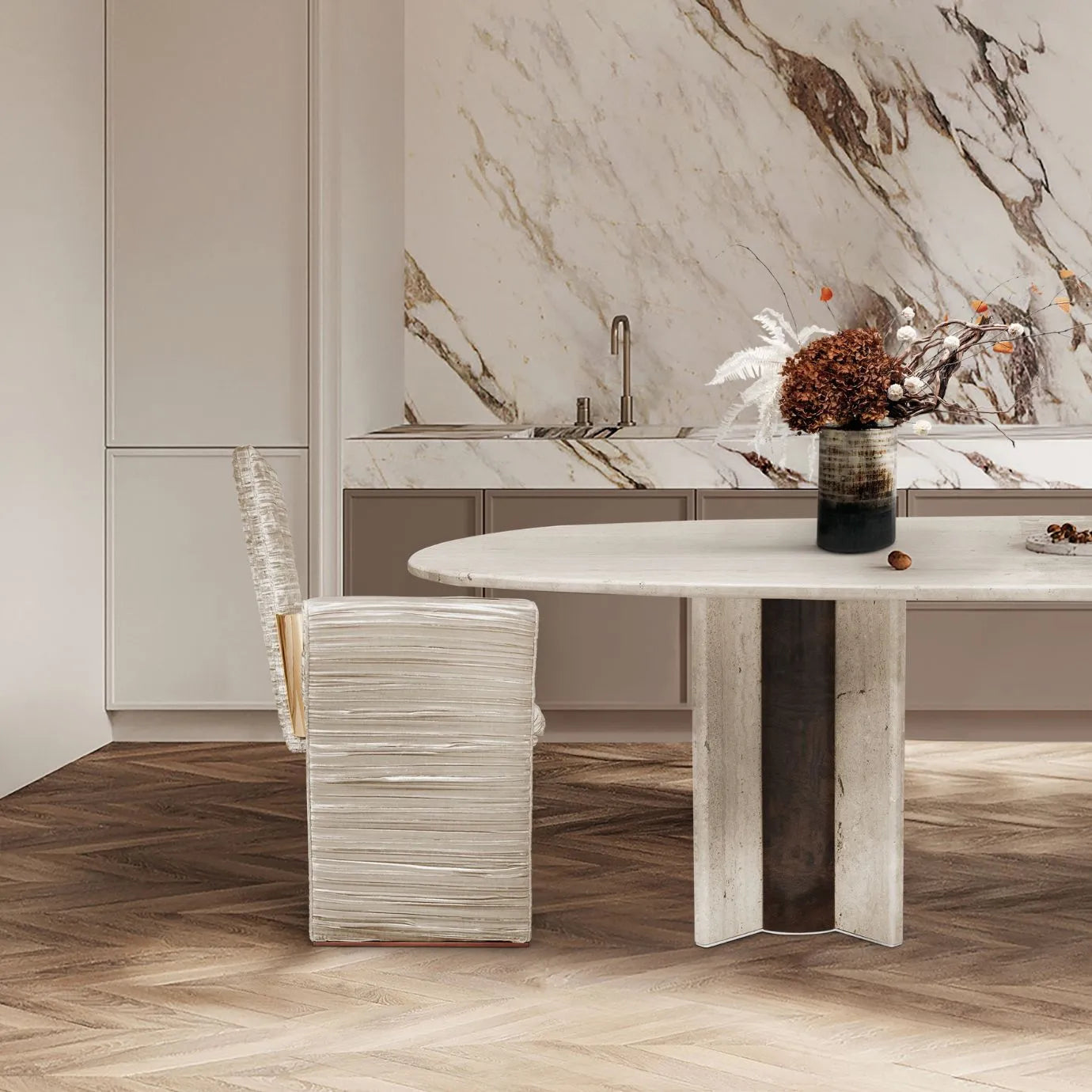 Paris Travertine Marble Oval Dining Table