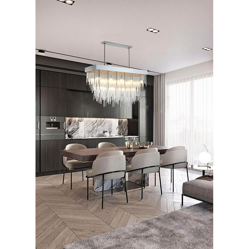 Satin Brass Rectangular Chandelier With Clear Hanging Looped Glass