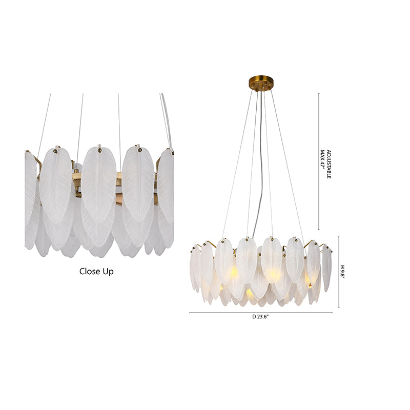 Round Brass Chandelier With Hanging Frosted White Glass Leafs