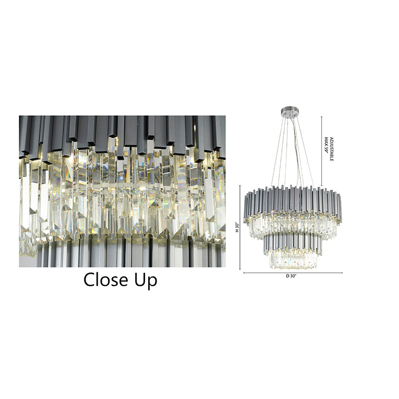 Two Tier Stainless Steel Hairlines Chandelier With Clear Hanging Crystals