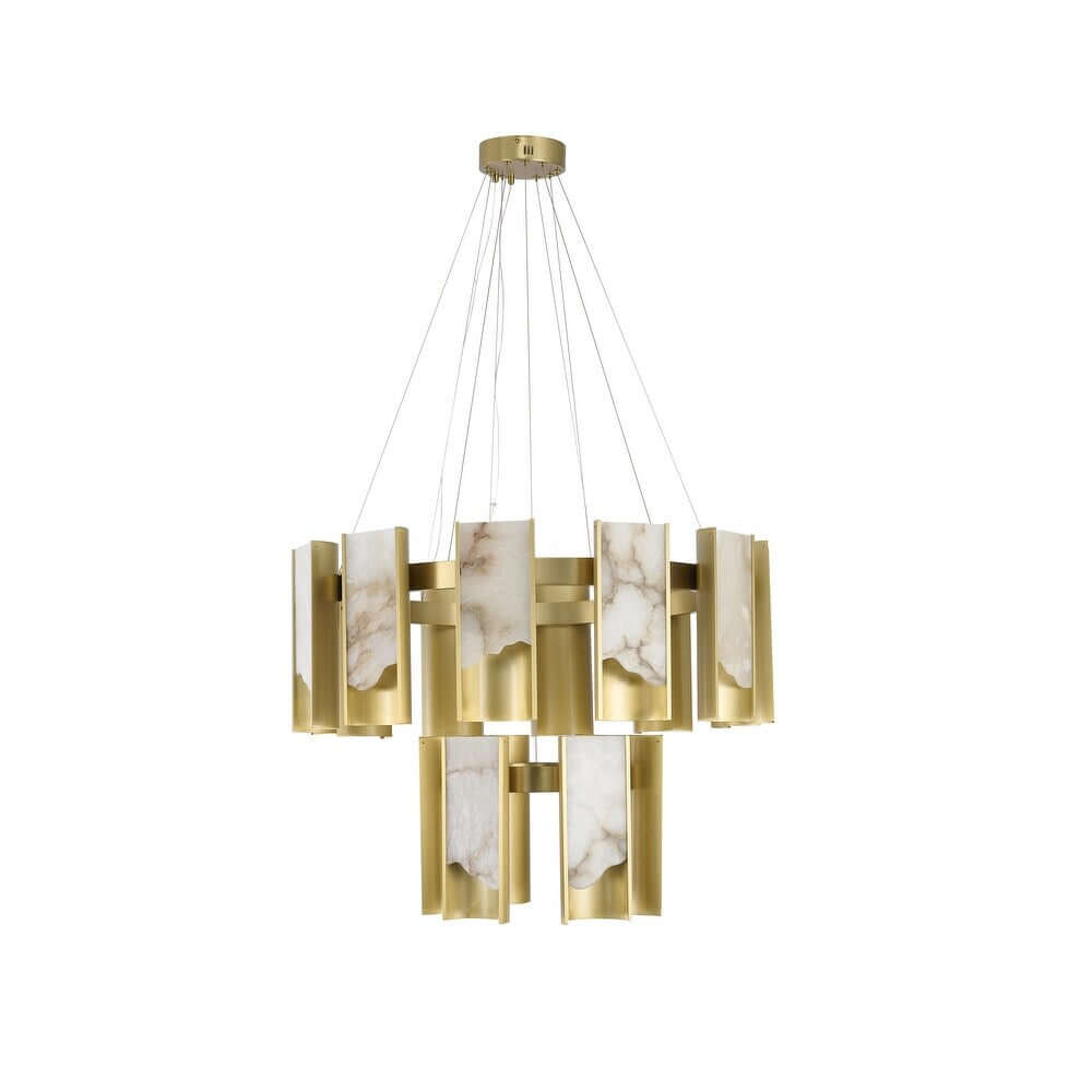Modern Brass LED Chandelier with Alabaster - Front view