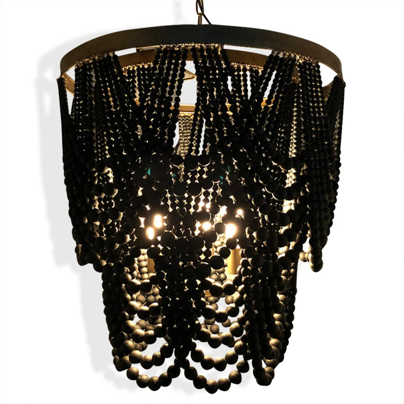 Pembroke Chandelier | Black Wood Beads with Brass Finished Metal