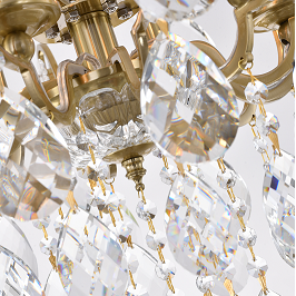 Antique Brass Chandelier with Clear Hanging Crystals and Glass Accents