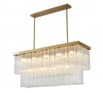 Satin Brass Rectangular Chandelier with Clear Ribbed Glass
