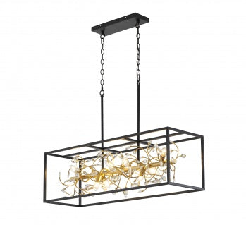 Black Rectangular Cage Frame Chandelier with Gold Branch Accent & Clear Crystals