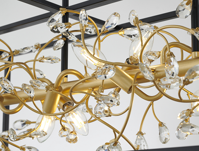 Black Rectangular Cage Frame Chandelier with Gold Branch Accent & Clear Crystals
