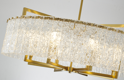 Round Brass Frame Chandelier with Clear Hanging Rippled Glass