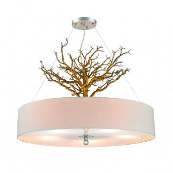 White Drum Shade Chandelier with Bronze Resin Branch Accent