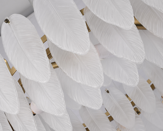 Round Brass Frame Chandelier With Hanging Frosted White Glass Leafs