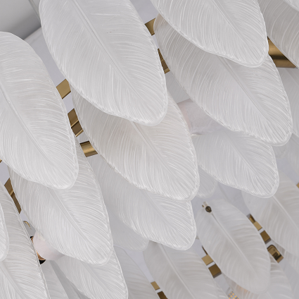 Round Brass Frame Chandelier With Hanging Frosted White Glass Leafs