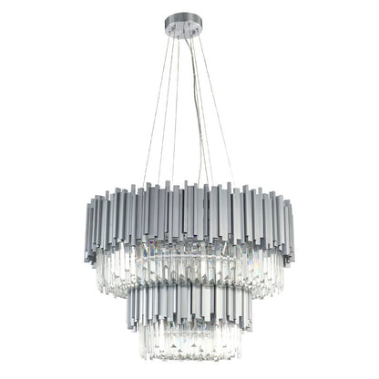 Two Tier Stainless Steel Hairlines Chandelier With Clear Hanging Crystals