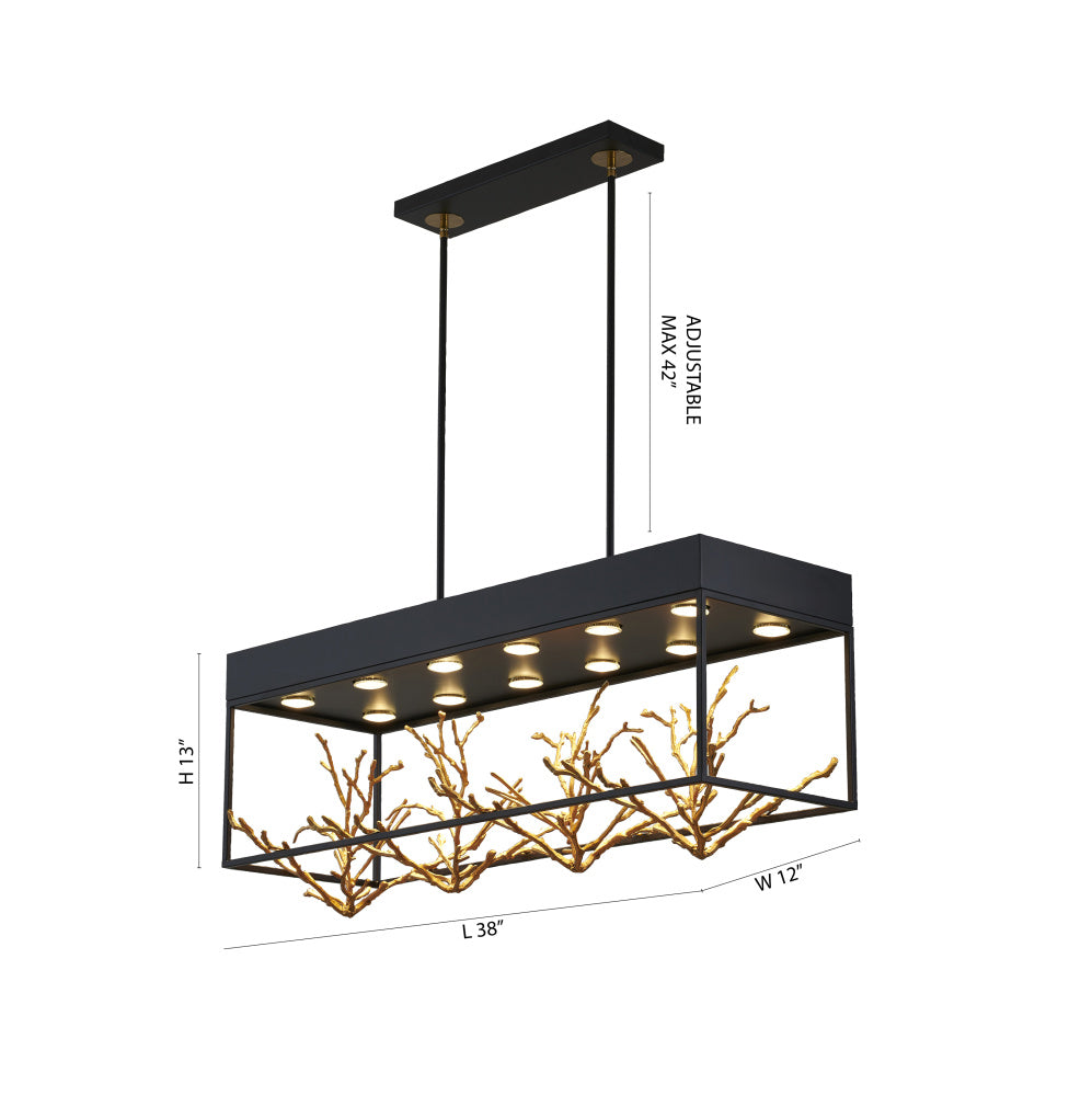 Matte Black Rectangular Frame Chandelier With Gold Branch Accent