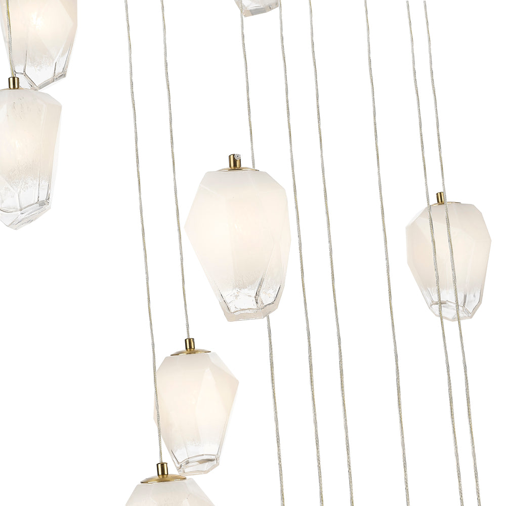 Round Gold Flushed Chandelier with Hanging White Glass Pendants