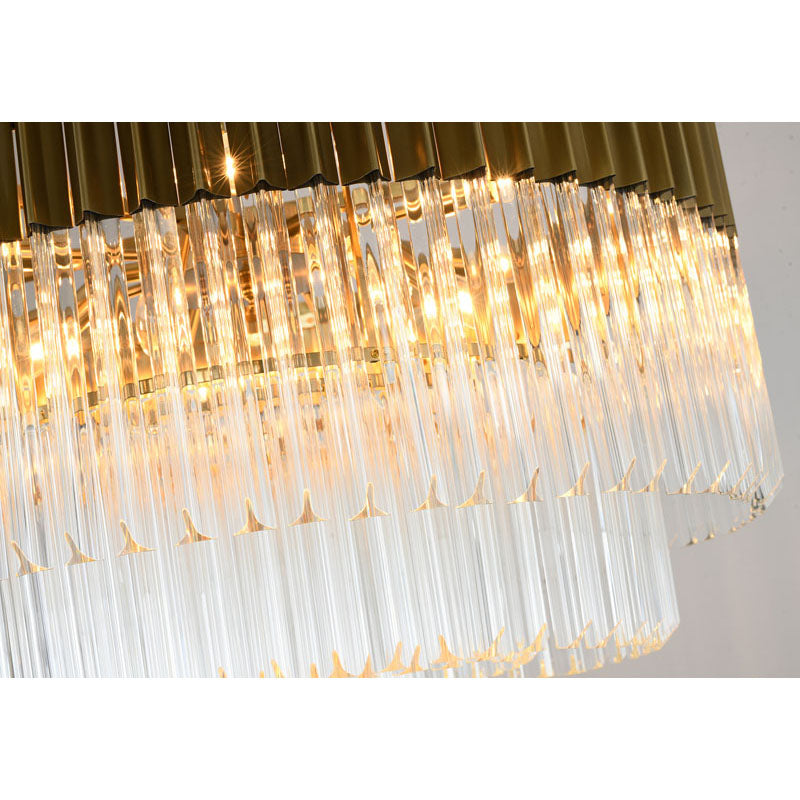 Round Brass Chandelier With Clear Hanging Crystals