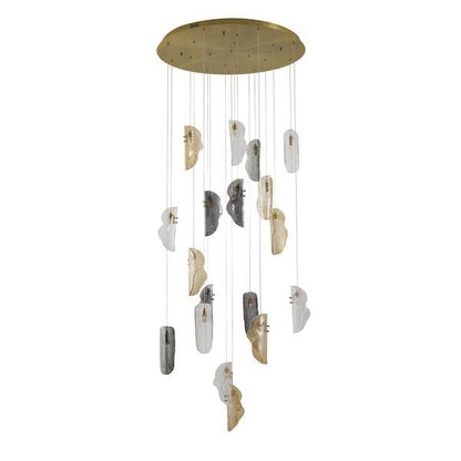 Brass Metal Frame Chandelier with Clear, Smoke, and Amber Glass Pendants