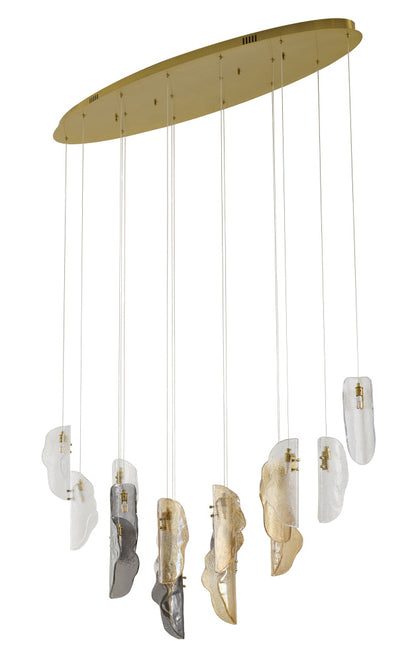 Brass Metal Frame Chandelier with Clear, Smoke, and Amber Glass Pendants