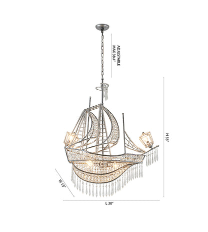 Antique Silver Sail Boat Chandelier With Clear Hanging Crystals