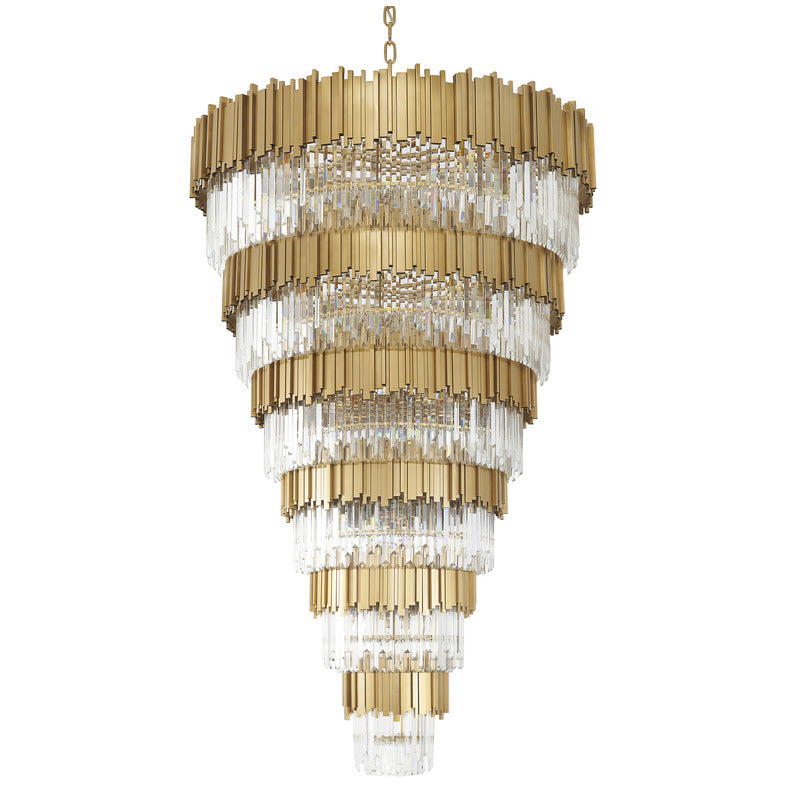 Six Tier Brushed Brass Chandelier With Clear Hanging Crystals