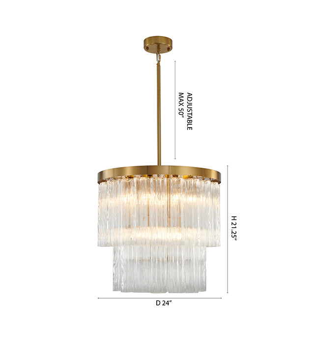 Round Satin Brass Chandelier With Clear Hanging Ribbed Glass