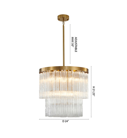 Round Satin Brass Chandelier With Clear Hanging Ribbed Glass